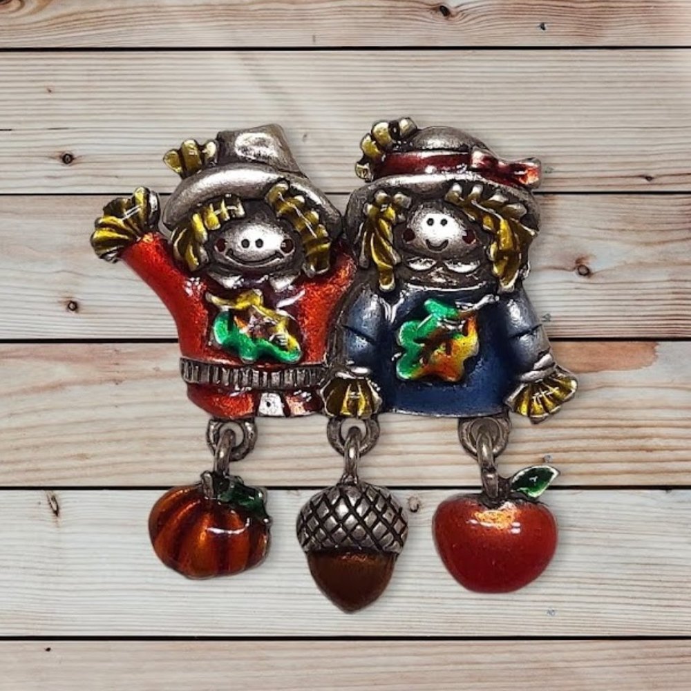 Vintage AJMC Pin Brooch Scarecrow Friends Dangling Charms Autumn Fall